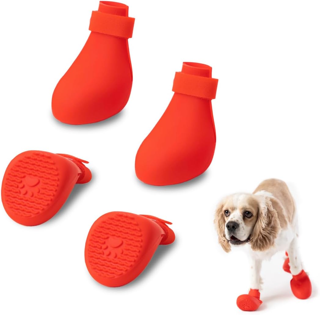 Bright Red Dog Shoes – Protective Pet Boots for Hot Pavement and Cold Weather – Outdoor Dog Footwear for Summer, Winter, and All-Season Traction