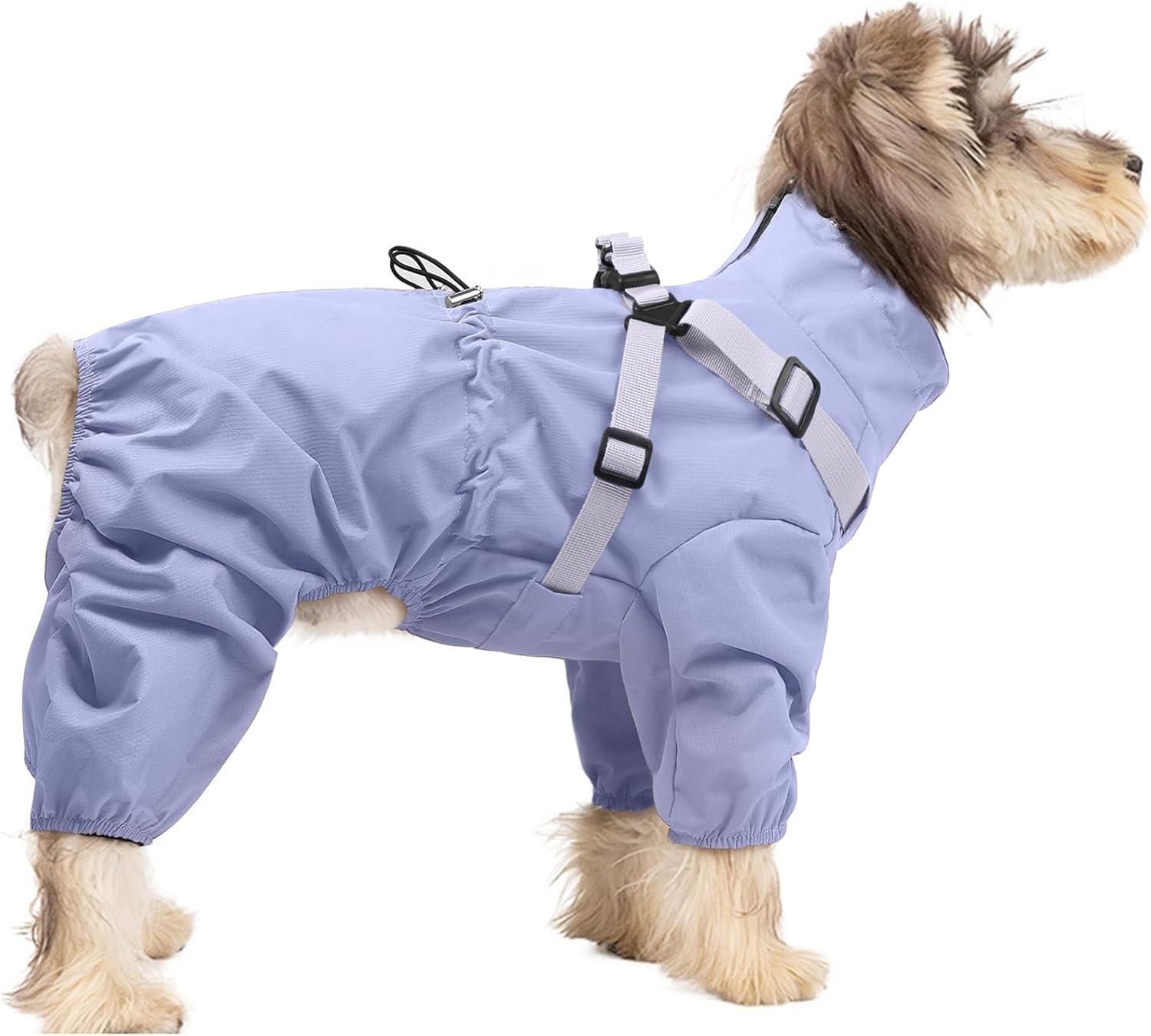 Dog Raincoat for Small Dogs, Small Dog Rain Jacket with Harness Built in, Waterproof 4 Legs Puppy Raincoats, Puppy Outdoor Jacket with Reflective Strip, Purple, XL