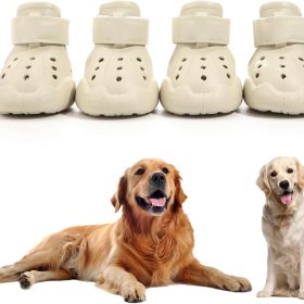Dog Shoes, Dog Sandals for Hot Pavement, Non-Slip Waterproof Dog Booties for Winter Snowy Day and Summer, Adjustable Straps Easy-Clean Beach Outdoor Pet Boots Rugged Sole-4Pcs Beige