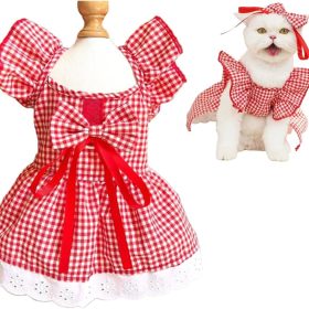 Plaid Dog Dress with Leash Ring - Girl Dog Clothes for Small Dog, Cat, Puppy - Red, Bow Decor - Holiday, Pomeranian, Yorkie, Dachshund, Chihuahua (Small)