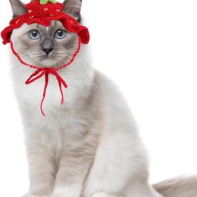 Strawberry Cat Hat, Handmade Knit Cute Soft Dog Cat Hat Halloween Christmas Party Costume Head Wear Accessories for Cats Birthday Puppy Hats for Kitten Small Pets (Red, M)