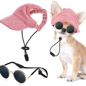 Medium Dog Sun Hat with Ear Holes, Dog Cat Sunglasses with Anti-Slip Silicone Rope Baseball Cap Adjustable Puppy Sunbonnet Headdress Beach Visor Hat for Puppies Summer Outdoor (Pink)