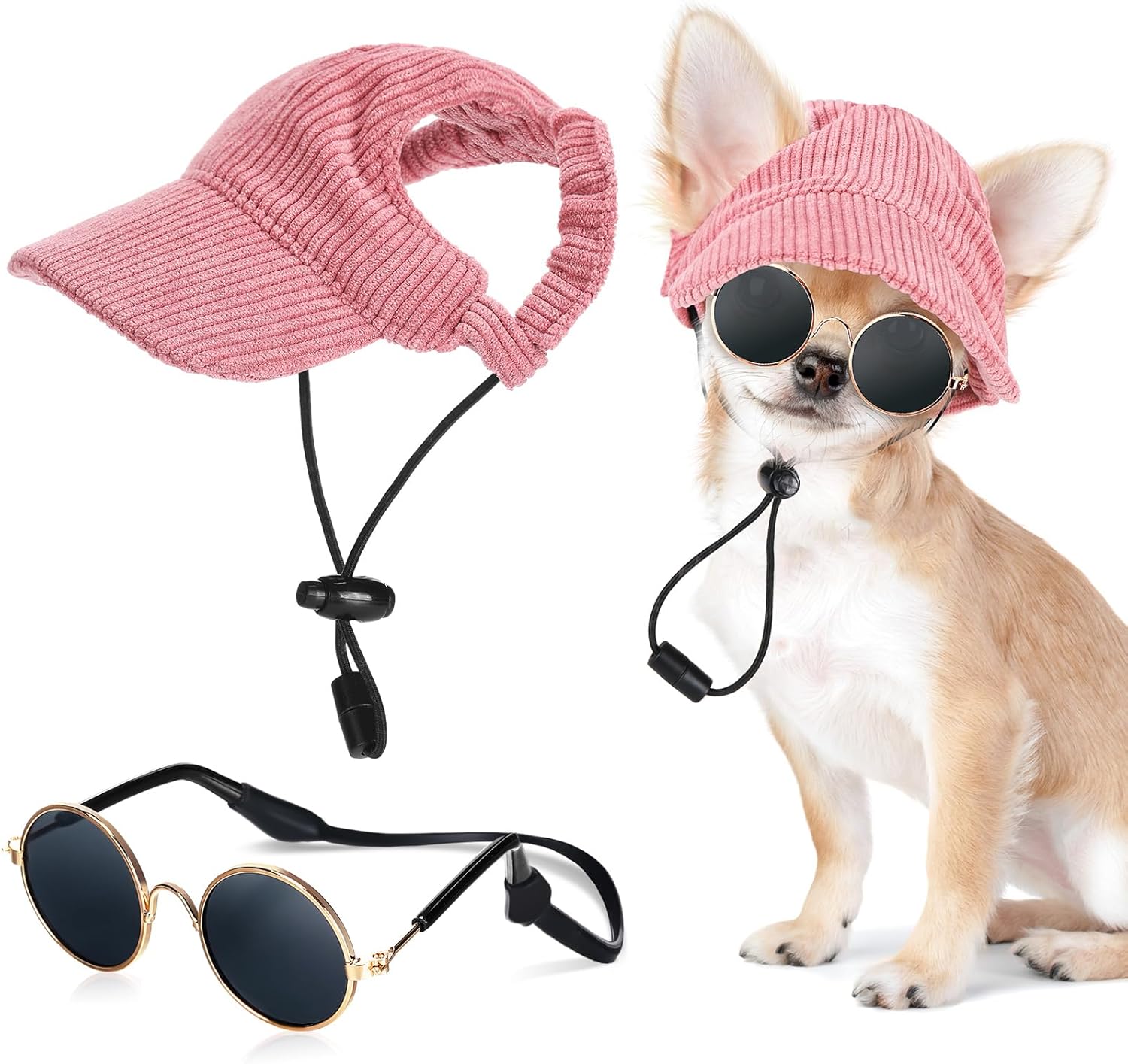 Medium Dog Sun Hat with Ear Holes, Dog Cat Sunglasses with Anti-Slip Silicone Rope Baseball Cap Adjustable Puppy Sunbonnet Headdress Beach Visor Hat for Puppies Summer Outdoor (Pink)