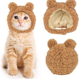 Cute Cat Costume Warm Bear Hat Adjustable Soft Small Pet Headwear for Puppy Dog (Brown)
