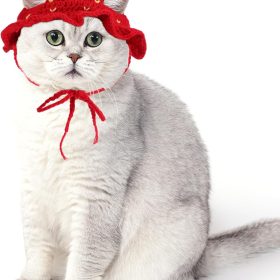 Strawberry Cat Hat, Cotton & Soft Cute Knitted Hats for Cats Birthday Party Christmas Puppy Hat for Small Pets (Red, M)