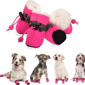 Dog Shoes for Winter, Dog Boots & Paw Protectors, Fleece Warm Snow Booties for Puppy with Reflective Strip Anti-Slip Rubber Sole for Small Medium Size Dogs,Size 3: 1.5"x1.3" (L*W),Pink