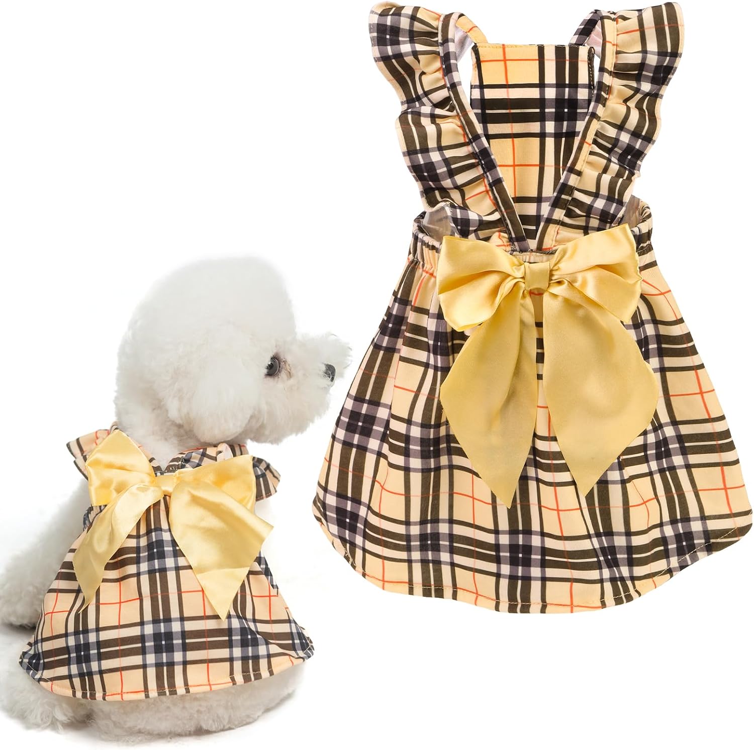 Dog Dress for Small Dogs Girl,Classic Plaid Small Dog Clothes Cat Dress with Cute Bow Decor,Chihuahua Yorkie Pomeranian Puppy Kitten Dresses Outfit for Birthday Wedding Holiday(Plaid,XS)