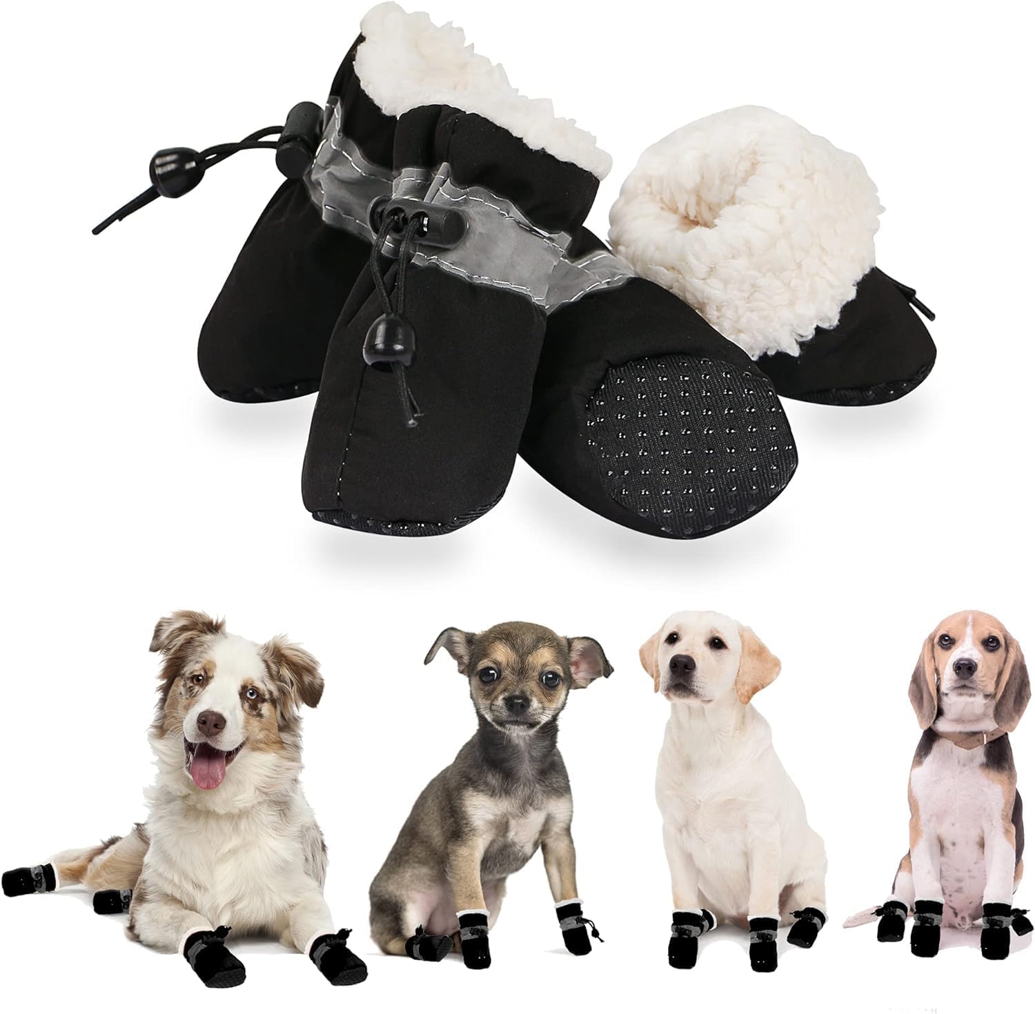 Dog Shoes for Winter, Dog Boots & Paw Protectors, Fleece Warm Snow Booties for Puppy with Reflective Strip Anti-Slip Rubber Sole for Small Medium Size Dogs,Size 7: 2.3"x1.9" (L*W),Black