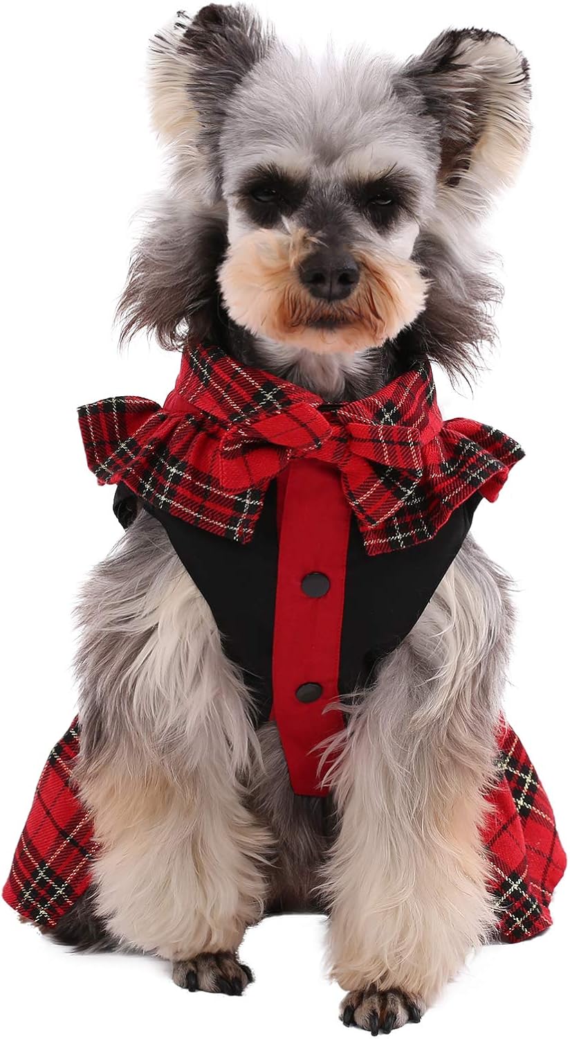 Dog Classic Red Plaid Dress for Small Medium Dogs, Puppy Bowknot Tutu Dress with D-Ring Buckle, Cute Pet Vest Dog Princess Skirt for Wedding Holiday Party Photography M - Image 2