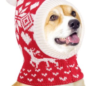 Christmas Pet Hat for Dogs, Funny Knitted Xmas Cap with Pom-Pom, Crocheted Snood Winter Warm Ear Flap Hat, Neck Warmer Hood Scarf for Medium Dogs, Party Decoration Gift, M, Xmas Elk Red