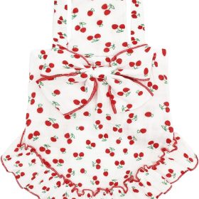 Cute Sleeveless Slip Dog Dress with Bow – Soft Cotton Gauze Pet Puppy Sundress with Ruffled Skirt for Small Medium Dogs, Cherry Print Outfit Clothes for Daily Walk, Birthday, Party