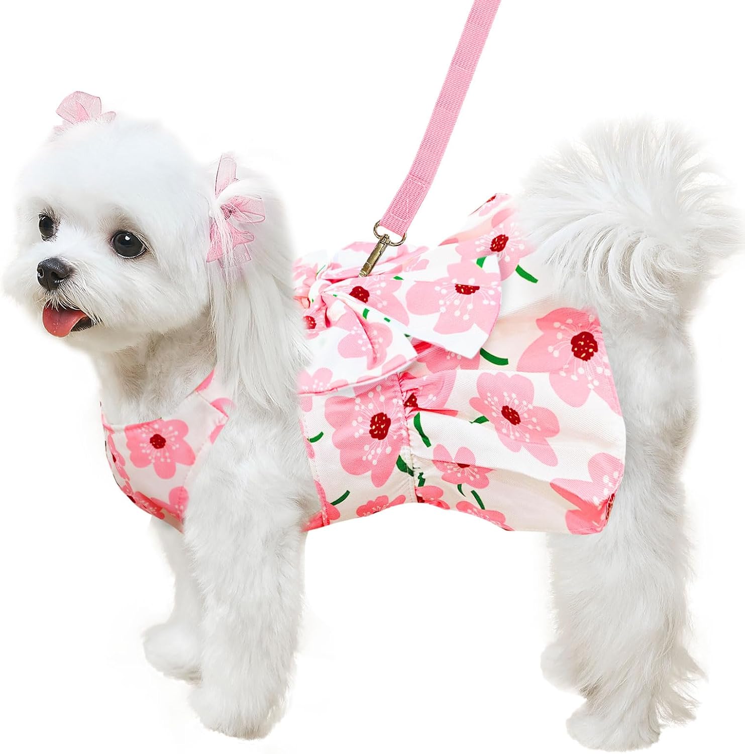 Cute Dog Dress Small Dog Clothes for Girls Female Puppy Outfits Pink Floral Pet Summer Clothes Bowknot Doggy Cat Princess Dress Harness Set for Holiday Birthday Party Costume Clothing (Pink,S)