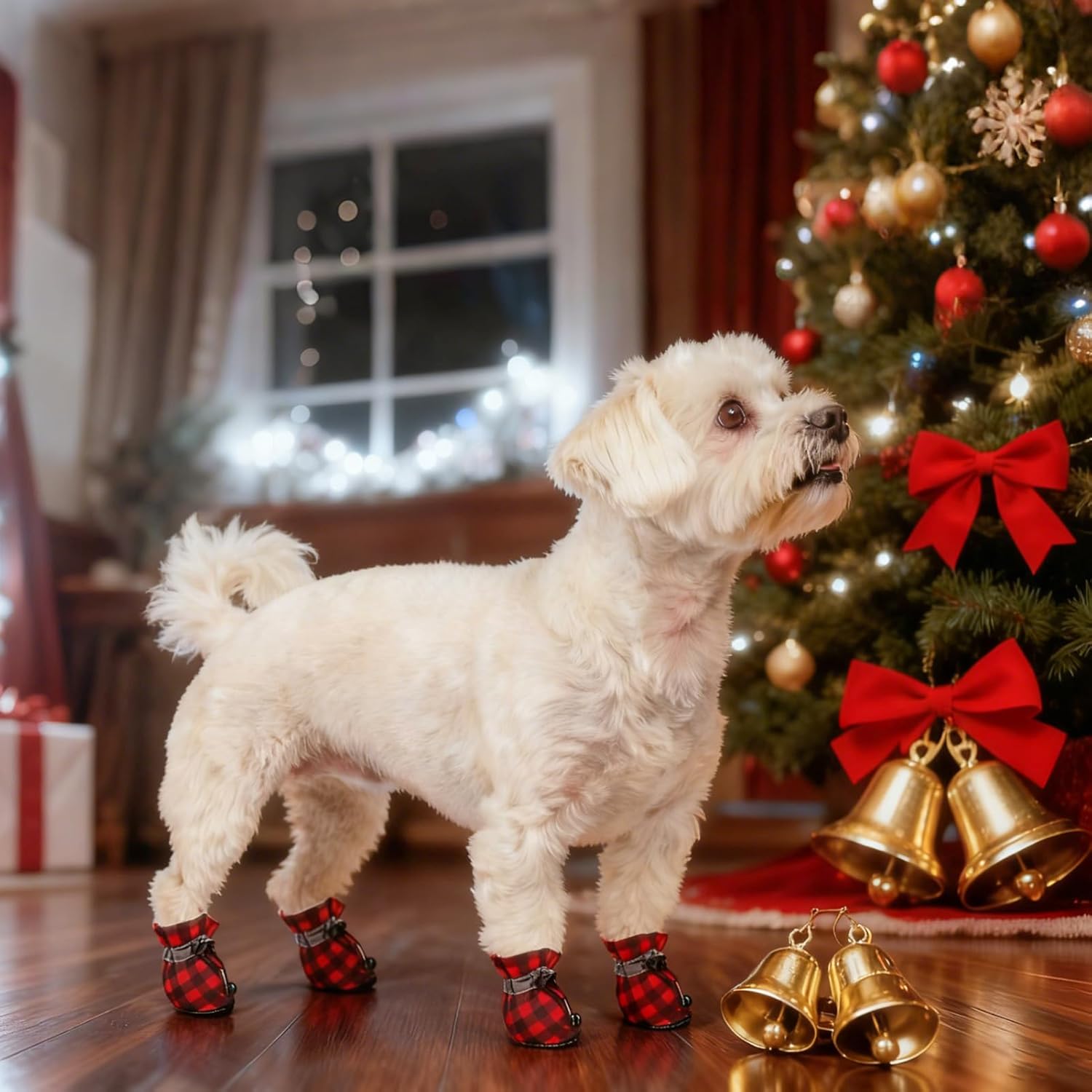 Christmas Fleece Dog Shoes for Small Medium Dogs, Anti-Slip Sole Puppy Boots & Paw Protectors with Reflective Straps Red Plaid Warm Soft Outdoor Walking Indoor Hardfloors, Size 2 - Image 2
