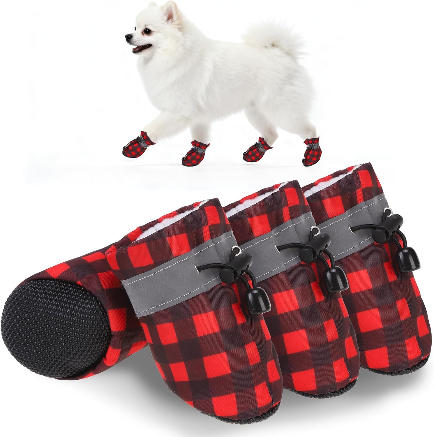 Christmas Fleece Dog Shoes for Small Medium Dogs, Anti-Slip Sole Puppy Boots & Paw Protectors with Reflective Straps Red Plaid Warm Soft Outdoor Walking Indoor Hardfloors, Size 2