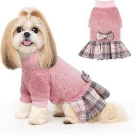 Fleece Small Dog Sweater Dress with Bowtie, Female Winter Warm Dog Clothes, Princess Sweater Dress for Small Dogs Girl (Pink, M)