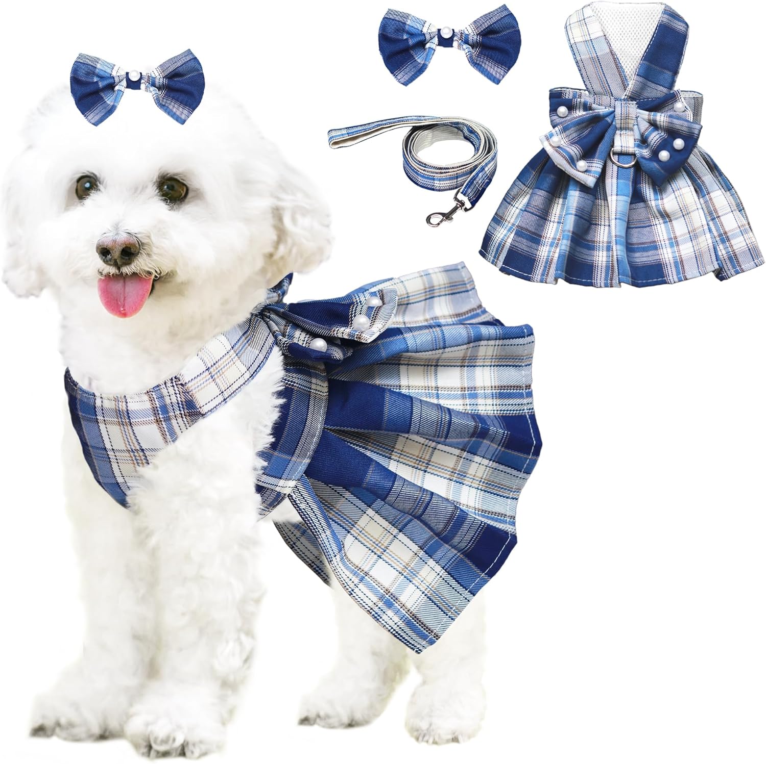 Dog Dress Bowknot Harness Leash Set for Small Dogs Girl Cute Plaid Dog Dress Pearls Bow Tie Spring Summer Princess Clothes Birthday Holiday Doggie Outfits for Puppy Cats Girl Apparel (Blue, Medium)