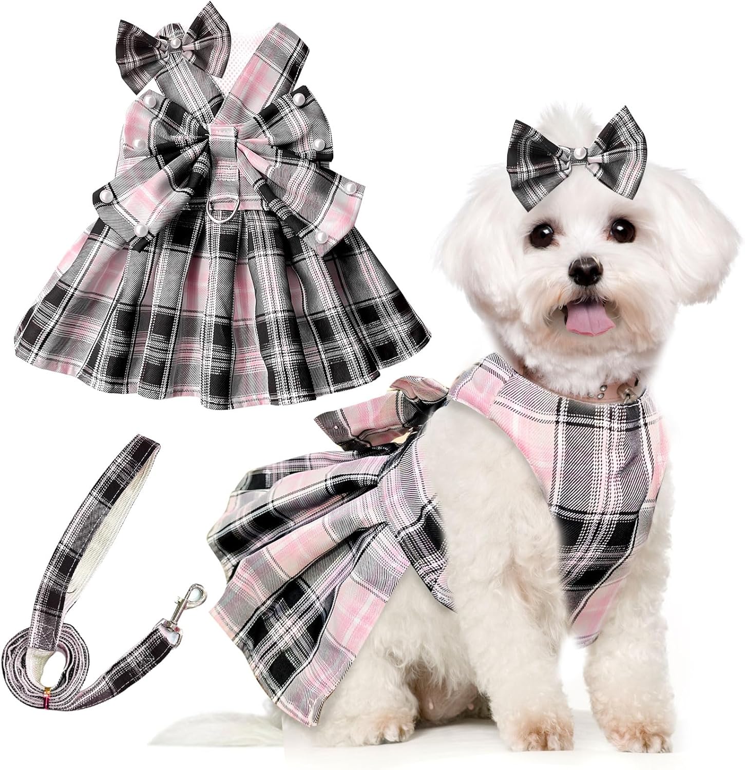 Cute Dog Dress Clothes for Small Dogs Cats Girl Female Pink Plaid Bow Tie Dog Harness Dresses Leash Set with Pearls Bow Accessories Birthday Puppy Dress Shih Tzu Yorkies Chihuahua Outfits
