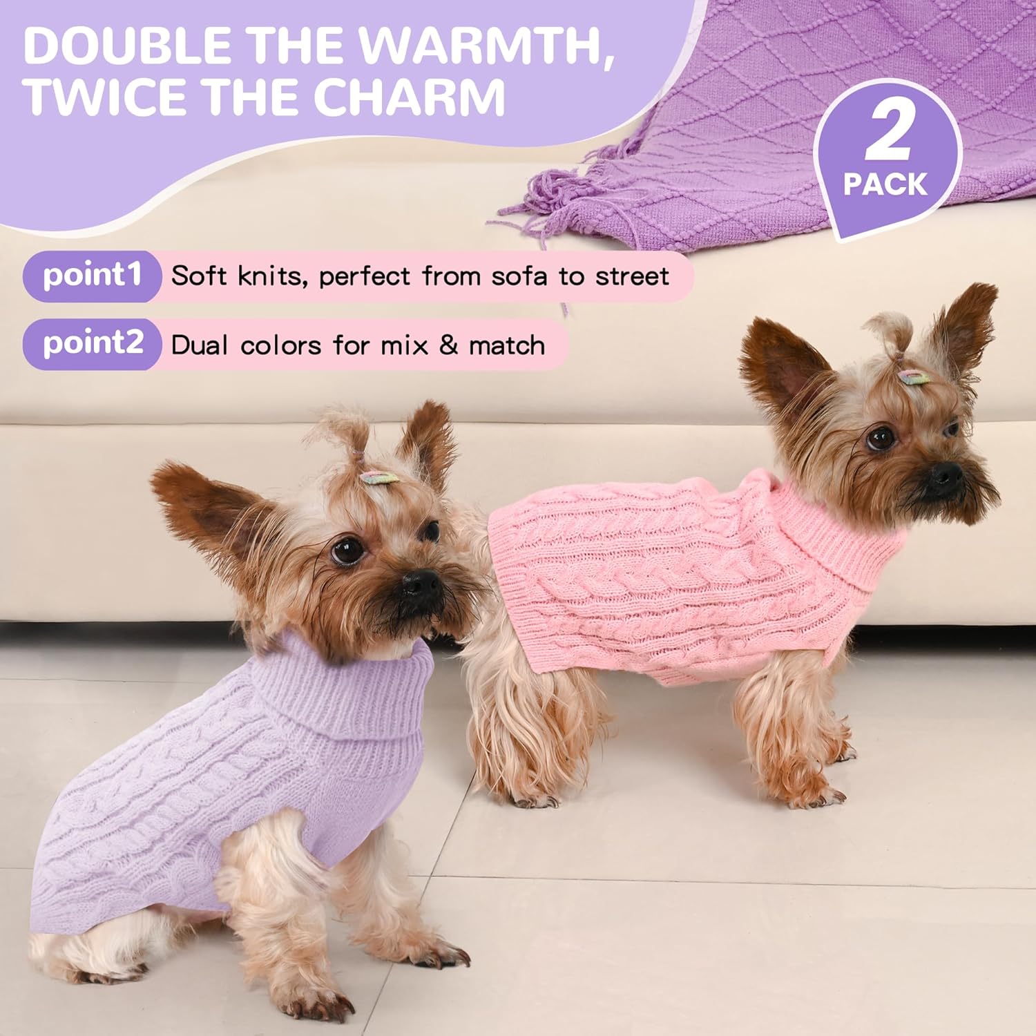 2 Pack Dog Sweaters for Small Dogs Winter Turtleneck Pullover Cable Knit Fleece Stretch Puppy Doggie Chihuahua Toy Poodle Yorkie Pomeranian Boy Girl Pet Clothes (S, Pink & Purple) - Image 2