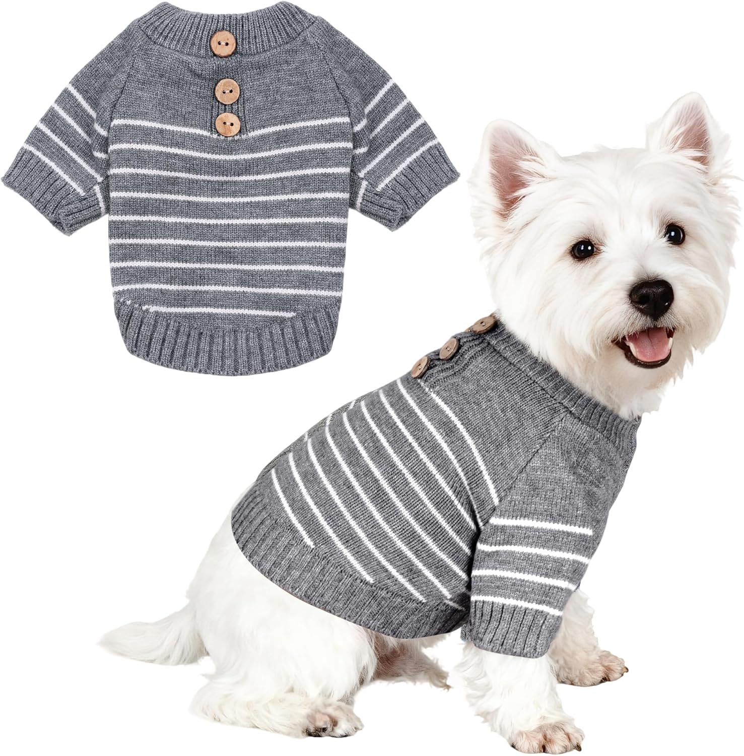 Dog Knitted Sweater with Wooden Buttons Cozy Pet Striped Winter Clothes for Chihuahuas Small Dogs Cats Boy Girl,Grey,L