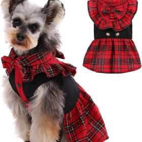 Dog Classic Red Plaid Dress for Small Medium Dogs, Puppy Bowknot Tutu Dress with D-Ring Buckle, Cute Pet Vest Dog Princess Skirt for Wedding Holiday Party Photography M