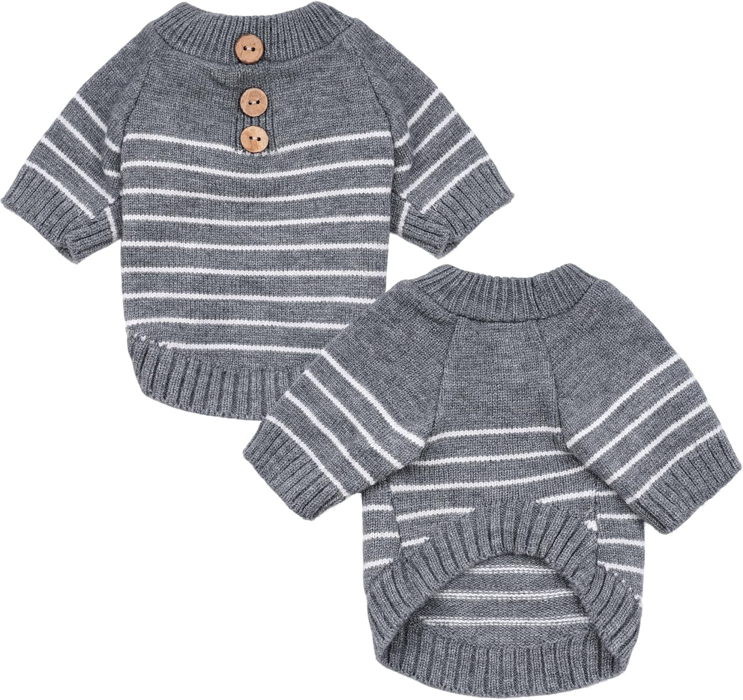 Dog Knitted Sweater with Wooden Buttons Cozy Pet Striped Winter Clothes for Chihuahuas Small Dogs Cats Boy Girl,Grey,L - Image 2