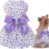 Floral Print Dog Dress with Satin Bow and Pearl for Small Dogs Girl, Cat Apparel,Purple, Small