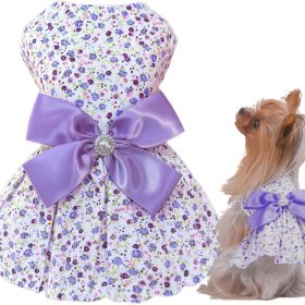 Floral Print Dog Dress with Satin Bow and Pearl for Small Dogs Girl, Cat Apparel,Purple, Small