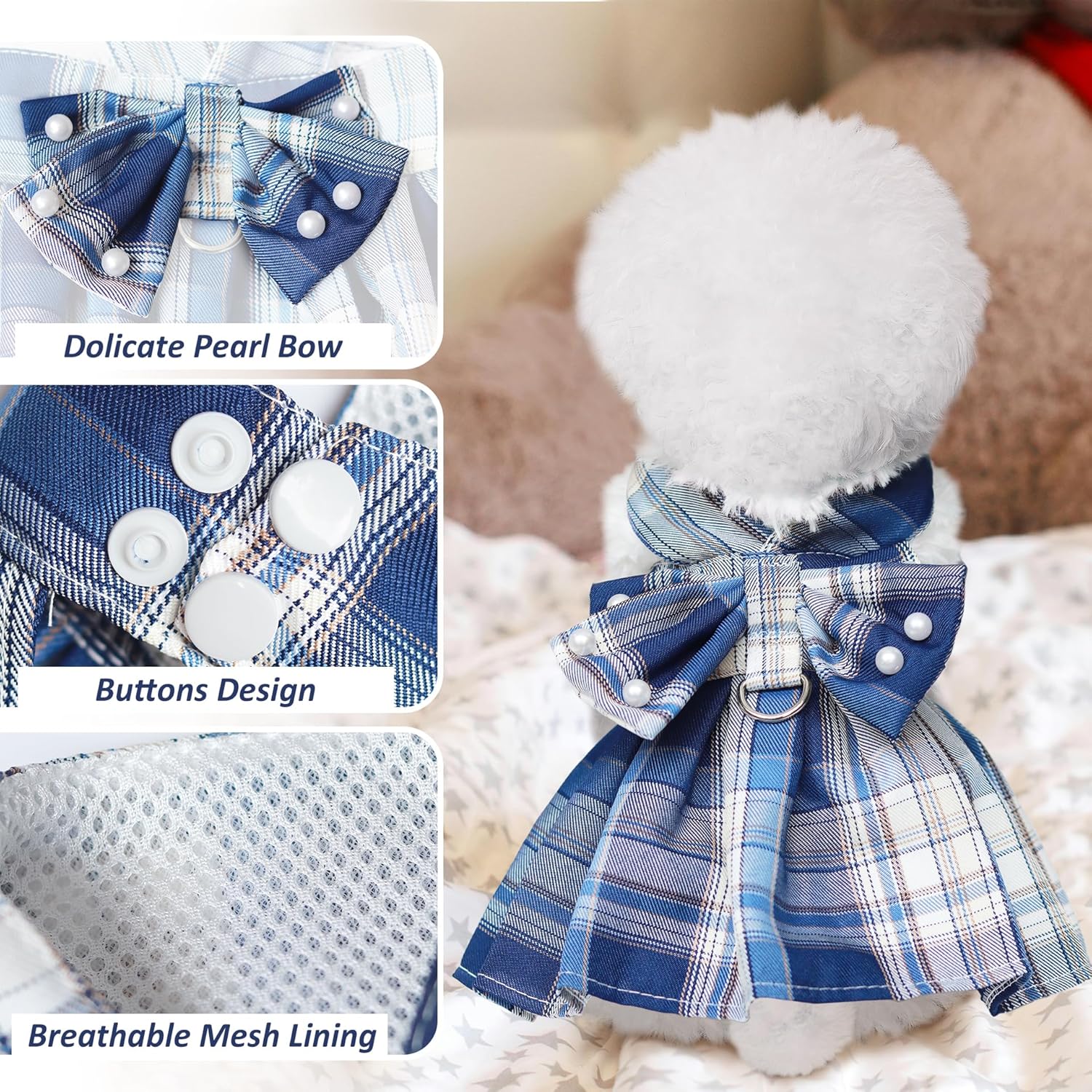 Dog Dress Bowknot Harness Leash Set for Small Dogs Girl Cute Plaid Dog Dress Pearls Bow Tie Spring Summer Princess Clothes Birthday Holiday Doggie Outfits for Puppy Cats Girl Apparel (Blue, Medium) - Image 2